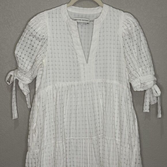 English Factory Dress Womens XS White Textured Midi Tie Sleeve Boho Pockets - Picture 3 of 9